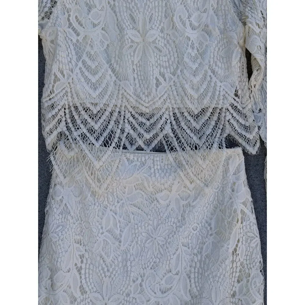 Danity Ivory Lace Two Piece Set Crop Top Skirt Boho Size Small